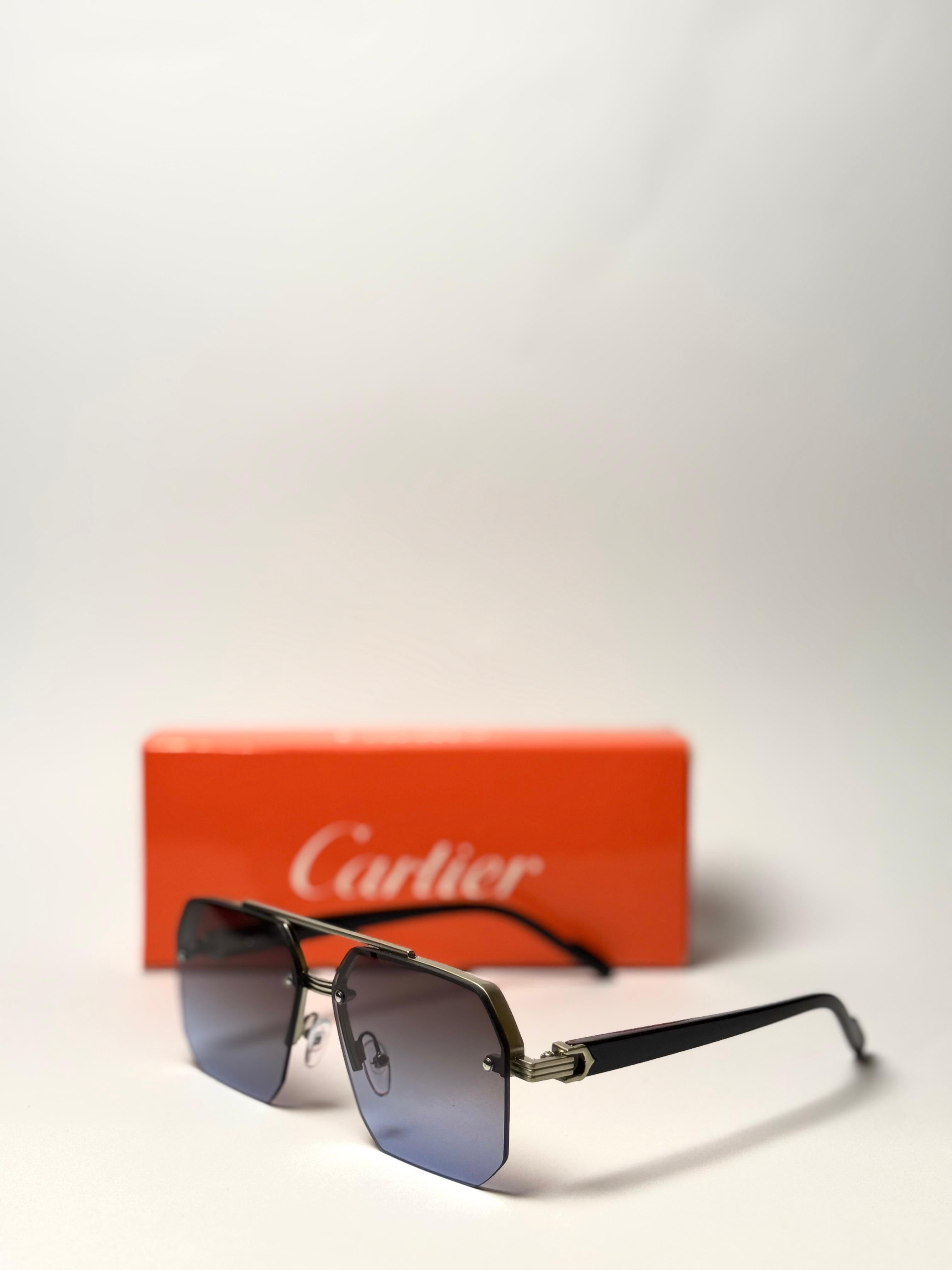 Cartier Rimless Square Sunglasses – Black & Silver with Blue Gradient Lenses GenVogue