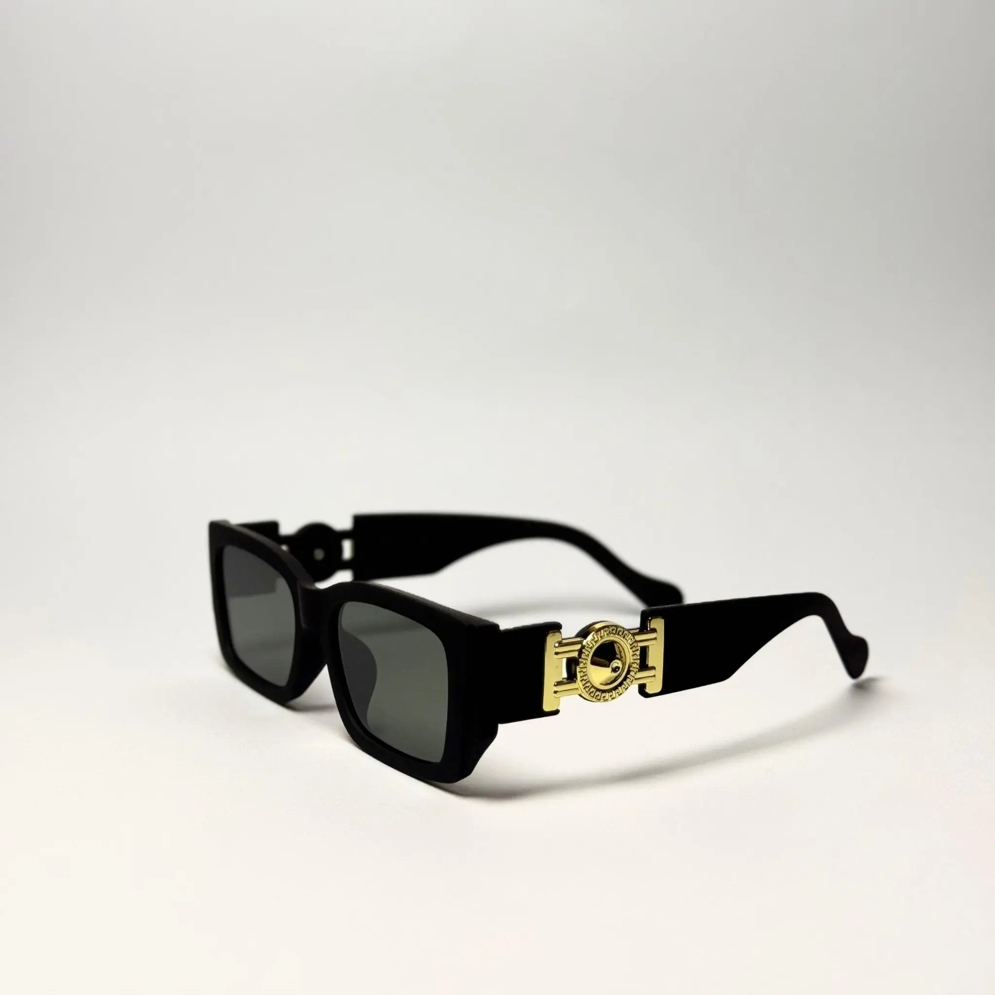 Black Rectangular Sunglasses with Gold Medusa Emblem