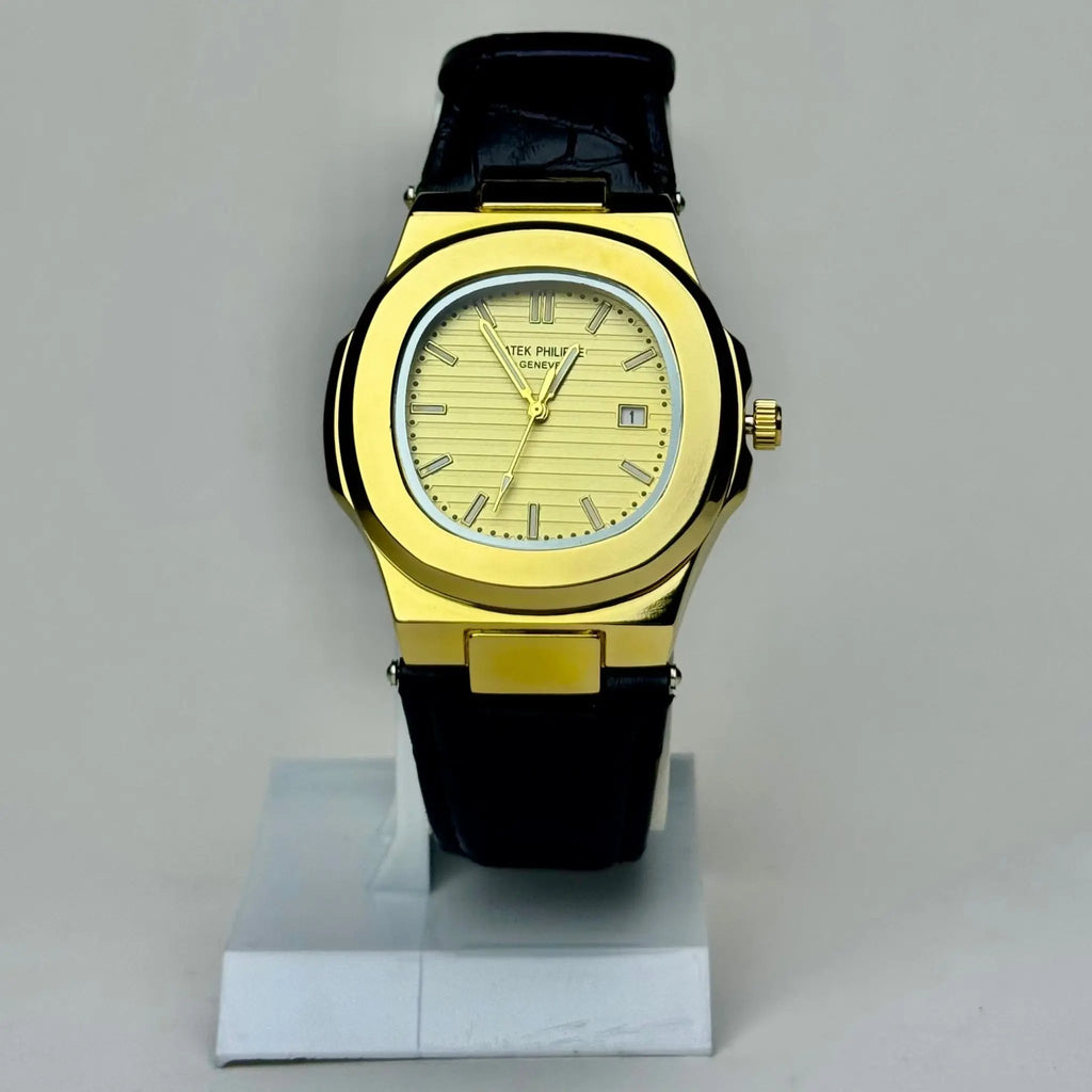 Patek Philippe Nautilus Black Leather - Gold Dial