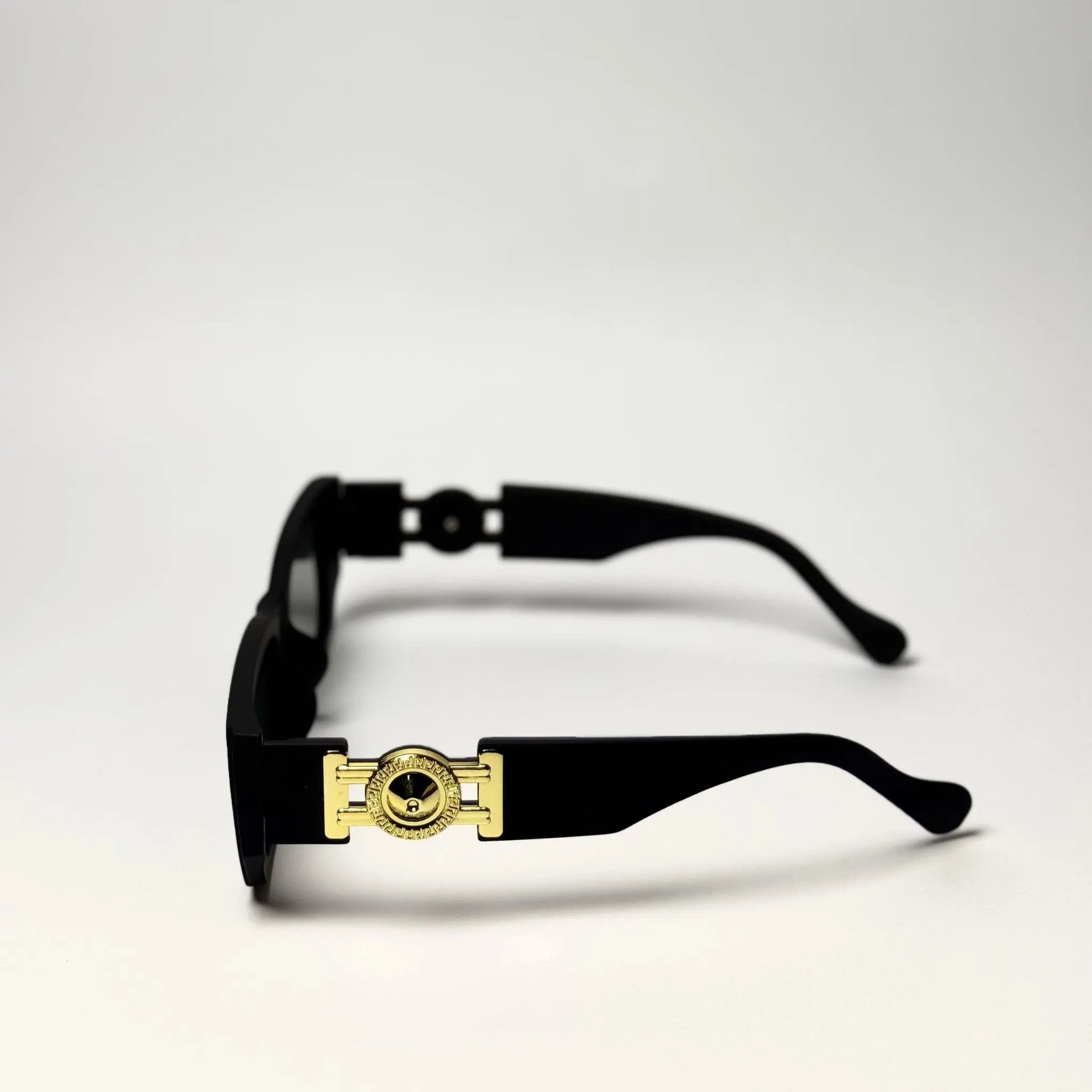 Black Rectangular Sunglasses with Gold Medusa Emblem