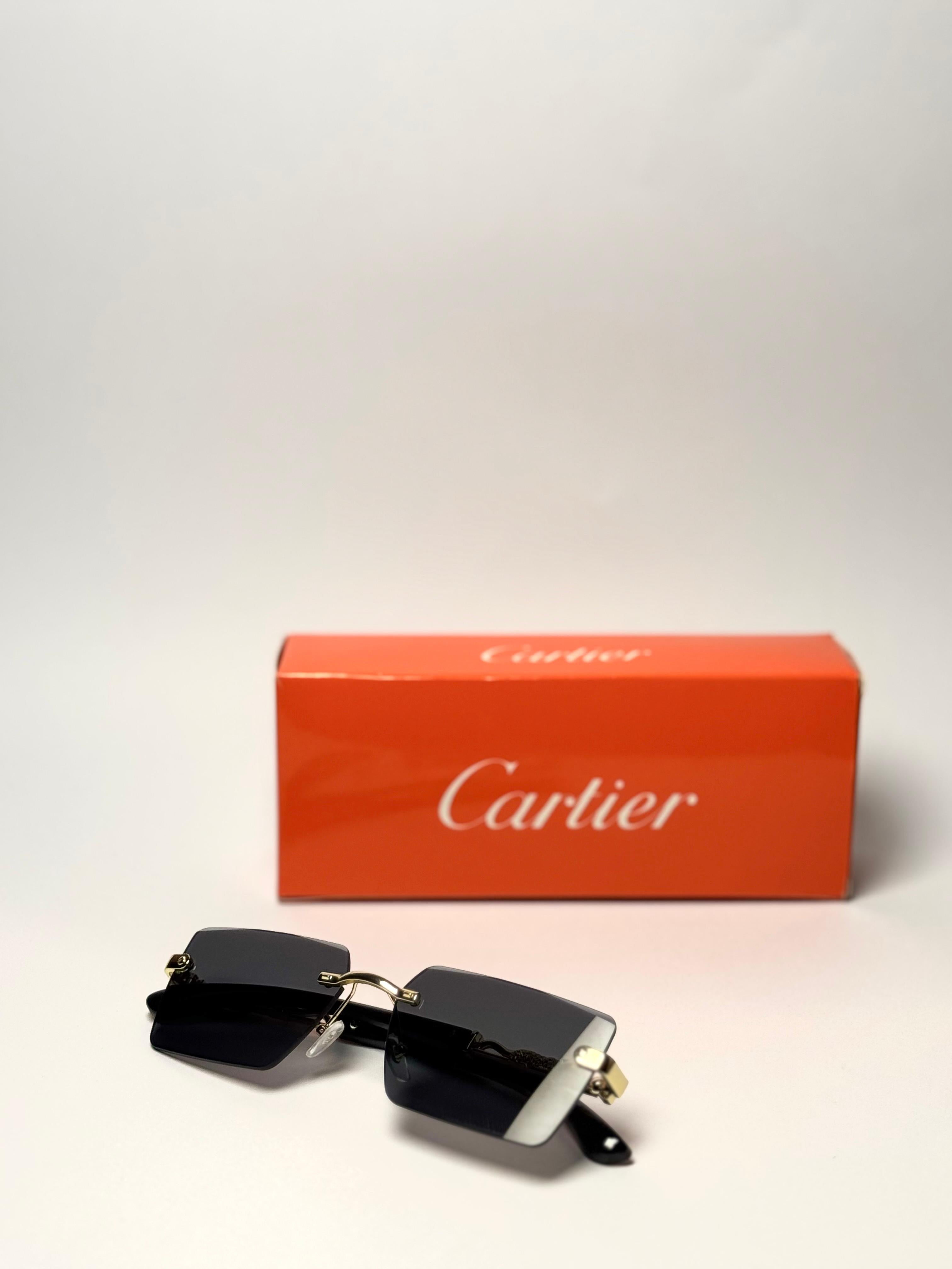 Cartier Rimless Geometric Sunglasses – Gold Frame with Black Lenses GenVogue