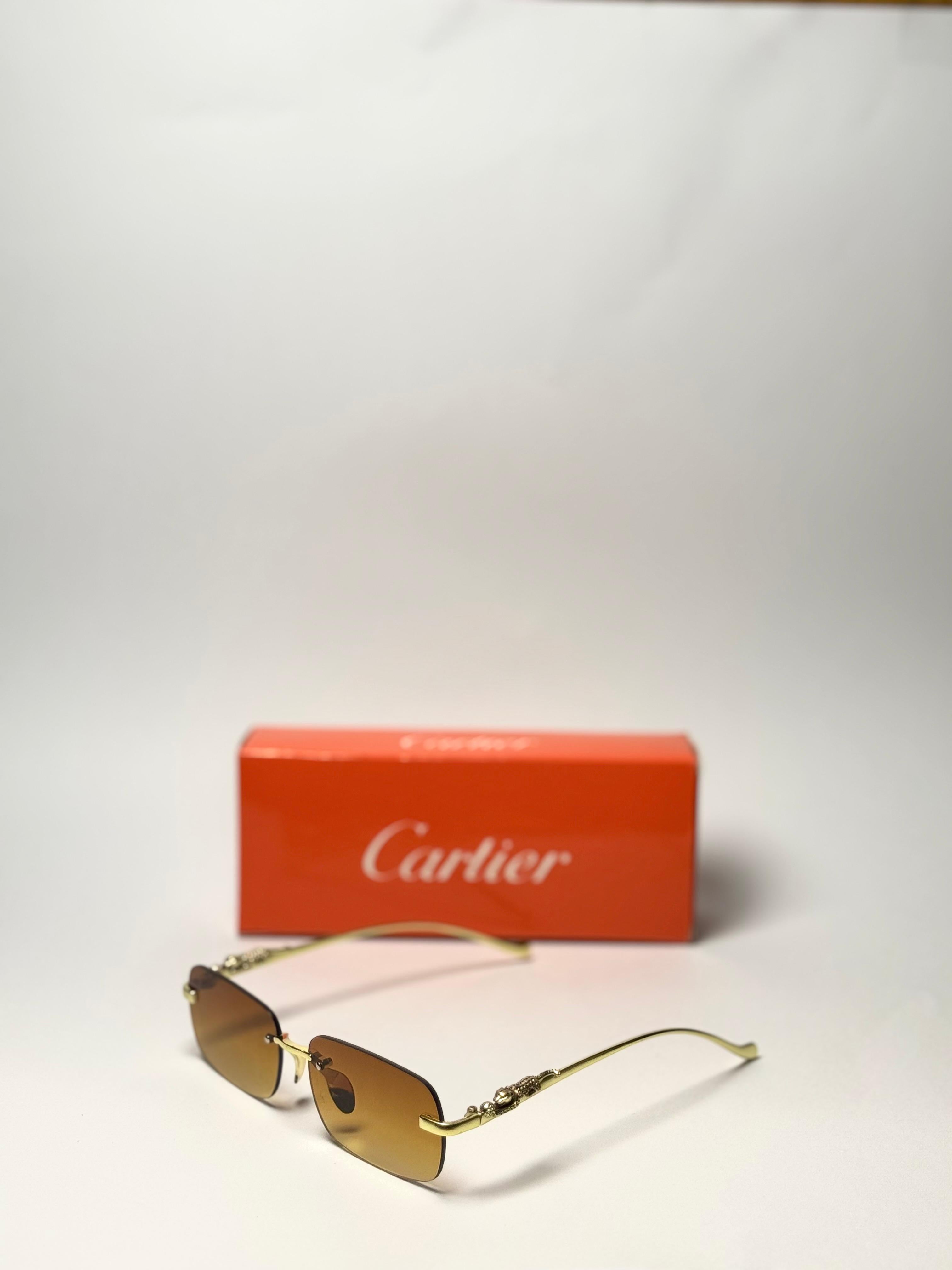 Cartier ゴールド ブラウン サングラス 紫外線カット ケース付き Cartier Gold Rimless Sunglasses – Brown Gradient Lens with
