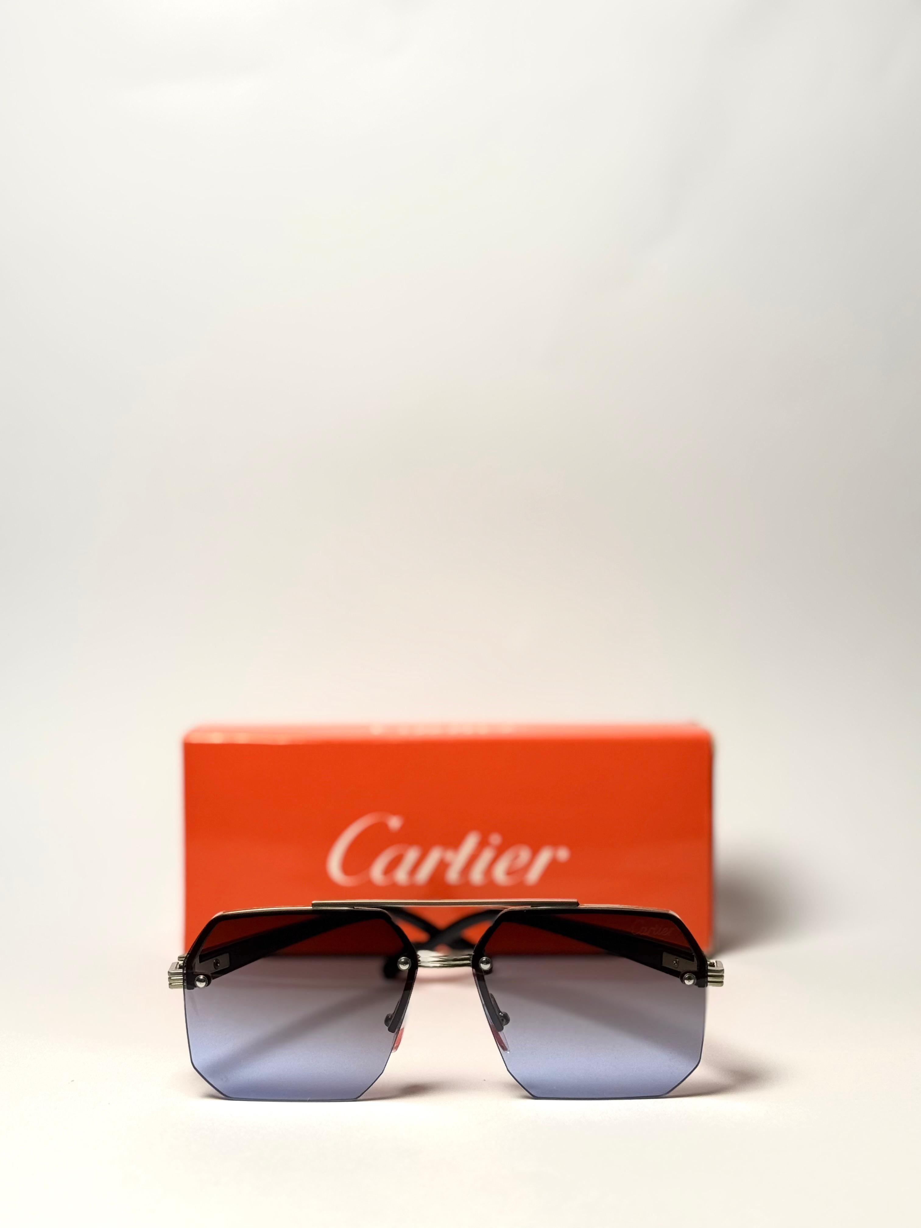 Cartier Rimless Square Sunglasses – Black & Silver with Blue Gradient Lenses GenVogue