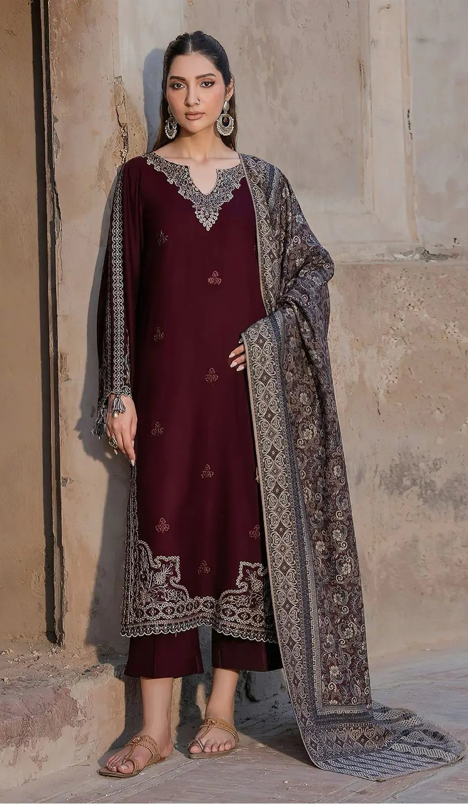Soft Dhanak 3 Piece Embroidered with Printed pashmina wool Shawl